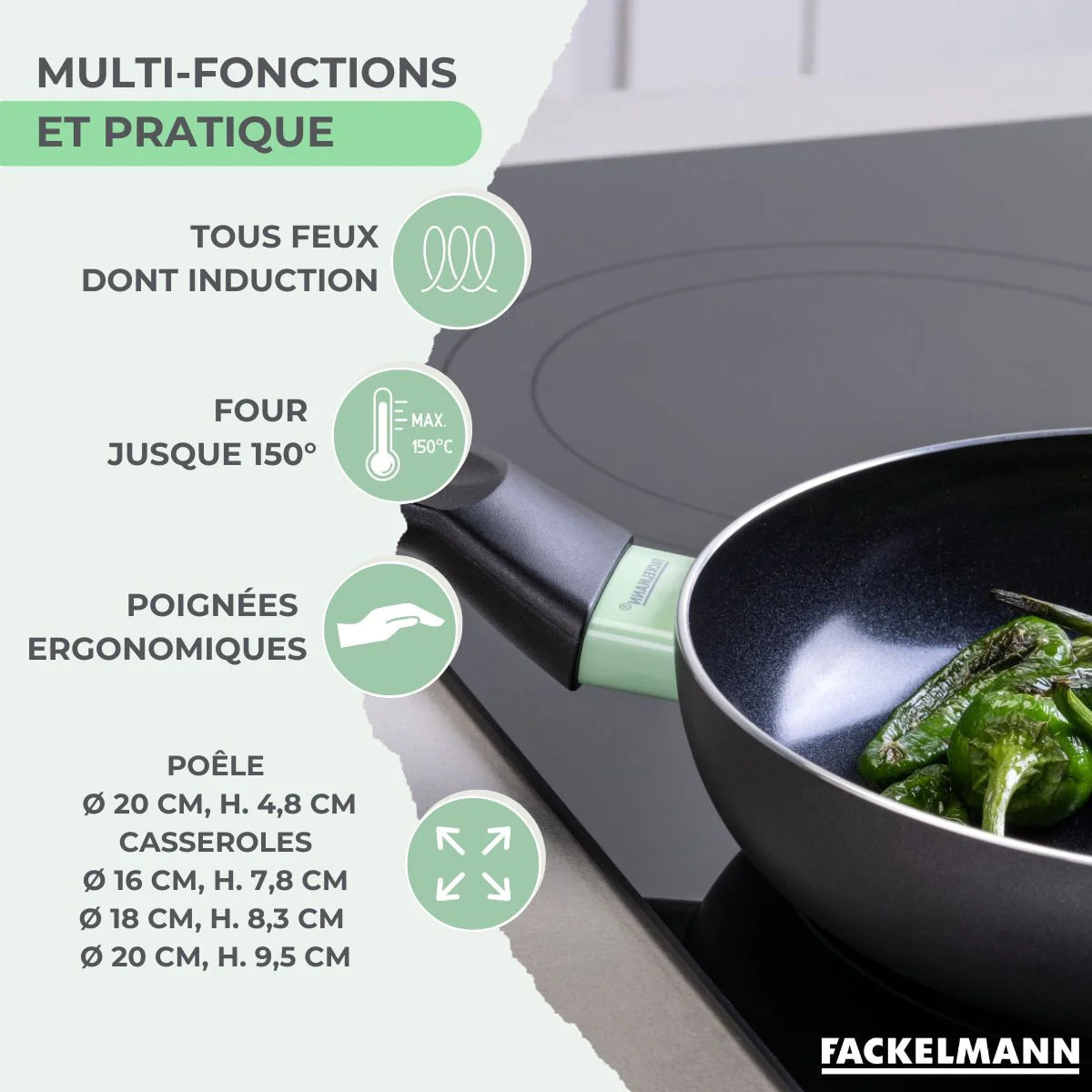 Set de 1 poêle 20 cm, 3 casseroles antiadhésives céramique 16, 18 et 20 cm et 6 ustensiles Fackelmann Brandao