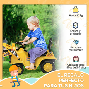 Tractor sin Pedales Excavadora para Niños de +3 Años con Bocina Asiento de Almacenamiento Oculto y Pala Móvil Carga 30 kg 83x27x39 cm Amarillo