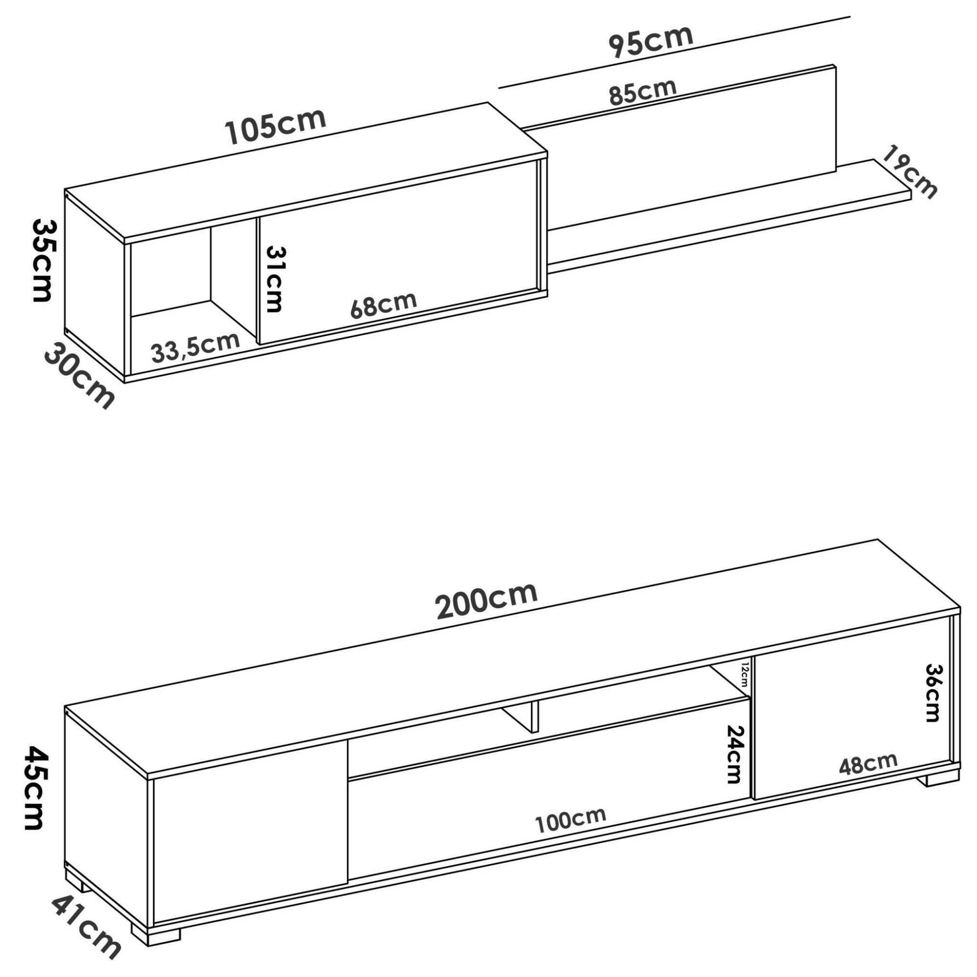 Parete attrezzata Gruf, Set da soggiorno porta TV, Mobile salotto multiuso, 200x41h180 cm, Rovere e Bianco