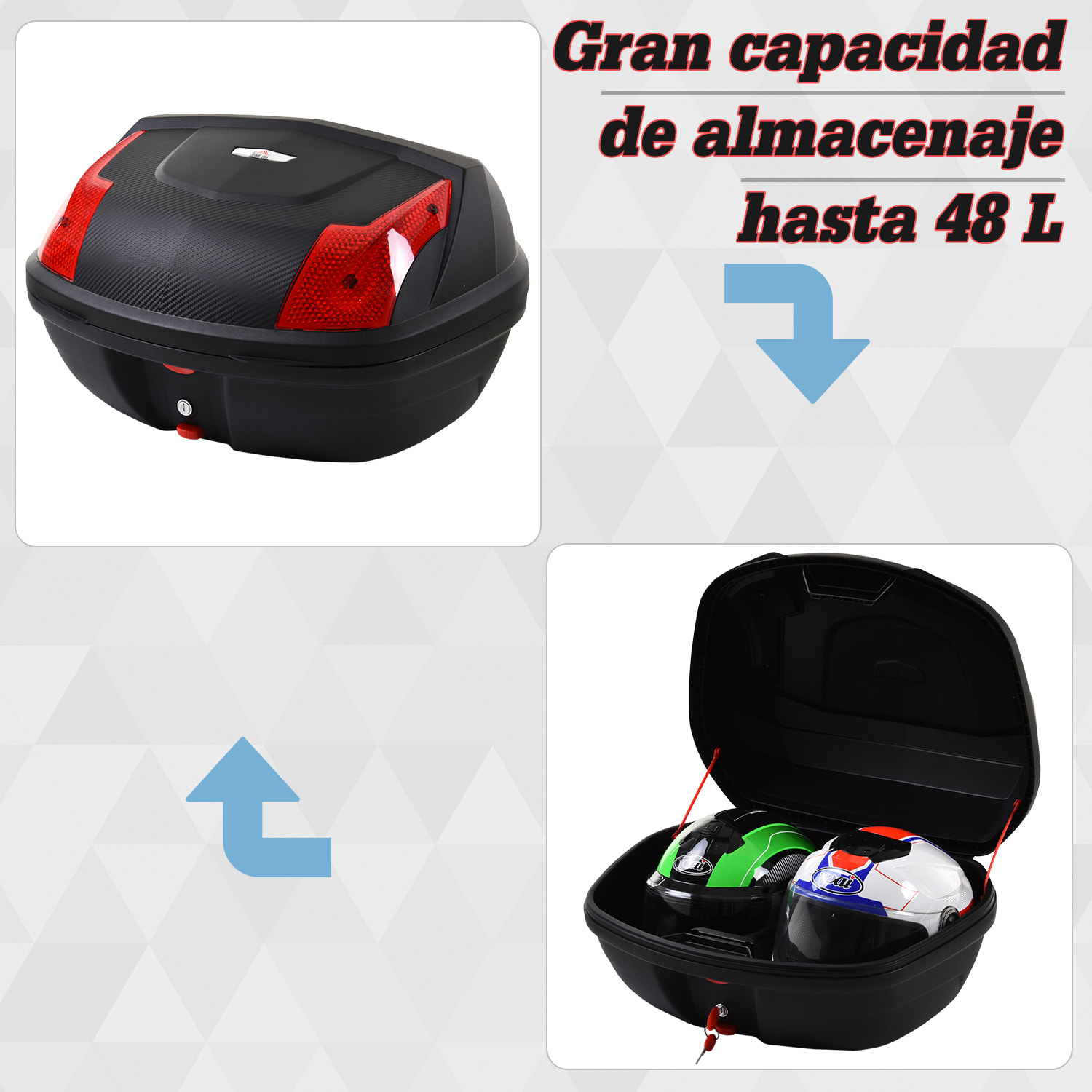 Baúl Moto Capacidad de 48 L Cerradura con Dos Llaves Accesorios 58x44,5x33,5cm