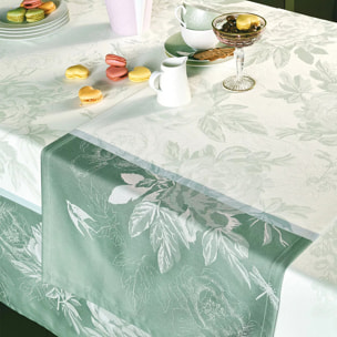 Chemin de table pur coton anti tache motif jacquard Jardin de pivoines vert
