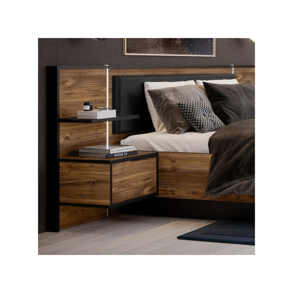 Lit 160x200 cm tête de lit et chevet décor épicéa et noir - YAL