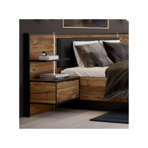 Lit 160x200 cm tête de lit et chevet décor épicéa et noir - YAL