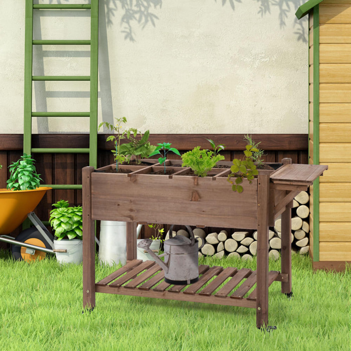 Jardinière sur pied - potager sur roulettes - étagère, tablette rabattable, inserts d'irrigation, feutre drainage - bois pré-huilé foncé