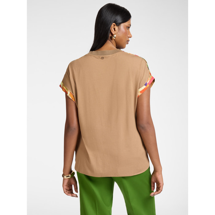 Elena Mirò - Camiseta en dos tejidos con estampado - Beige