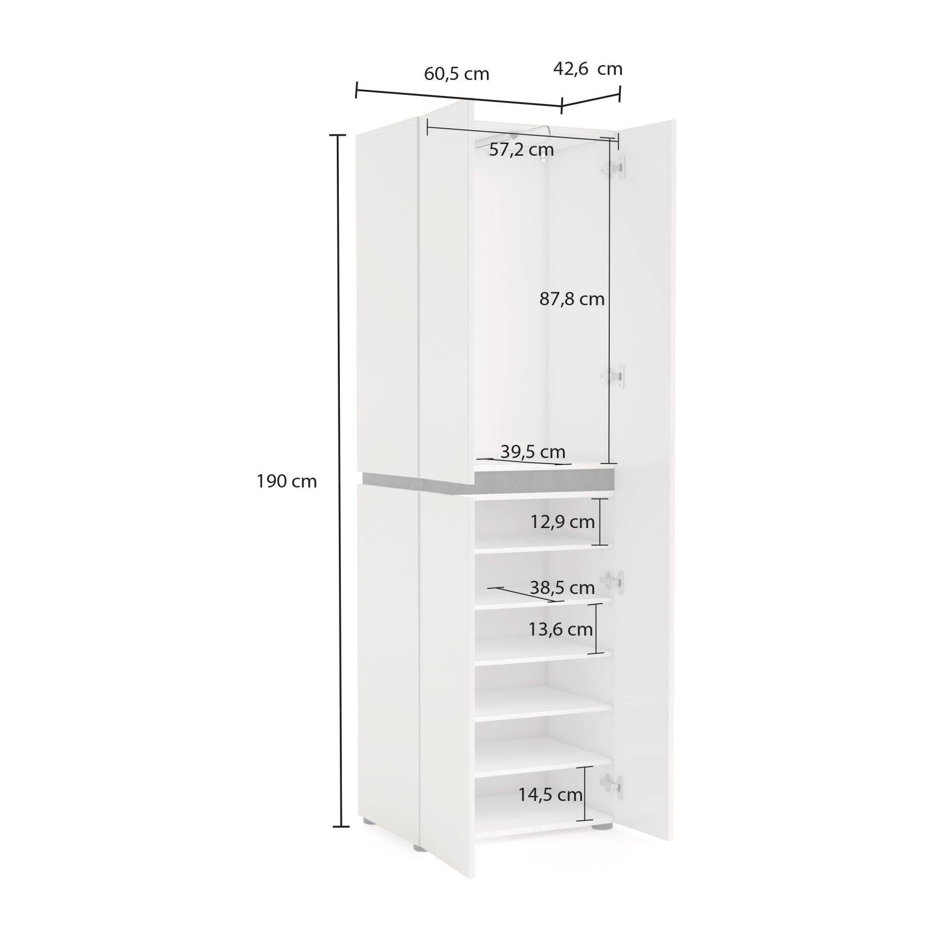 Armadio multiuso grande Linfa, Mobile multifunzionale, Mobiletto scarpiera, Guardaroba porta scarpe, Made in Italy, 61x45h190 cm, Bianco lucido e Antracite