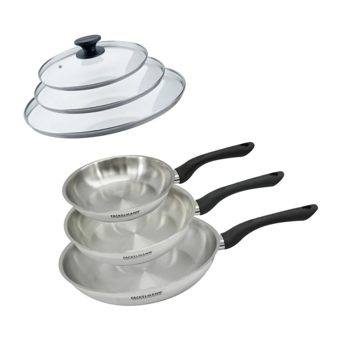 Set 3 poêles 20 24 et 28 cm en inox et 3 couvercles verre Fackelmann Geneva