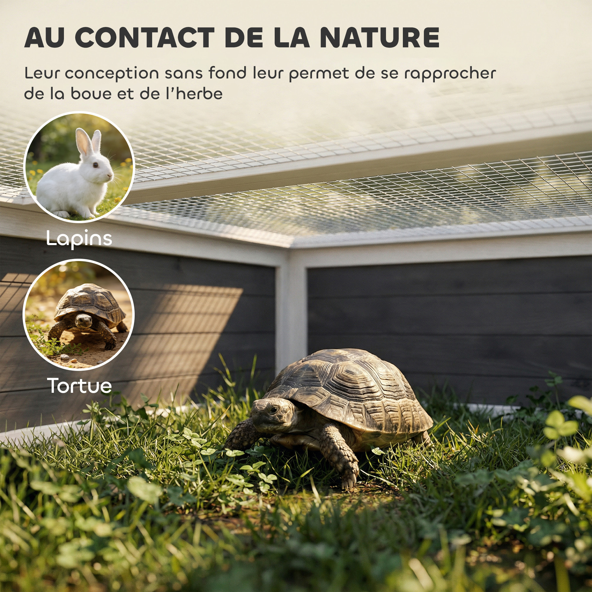 Enclos tortue maison tortue dim. 113x106,5x44cm niche couverte porte blanc gris