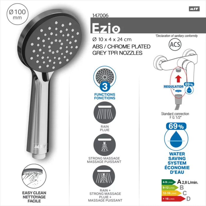Pommeau de douche MSV Ezio Chrome – 3 fonctions – Économie d'eau 69 % – Ø 100 mm