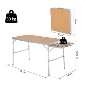 Plegable de Camping Portátil con Ala Abatible Mesa de Picnic de Encimera MDF Estructura Ligera de Aluminio Carga 30kg Altura Ajustable 153x60x39/71 cm