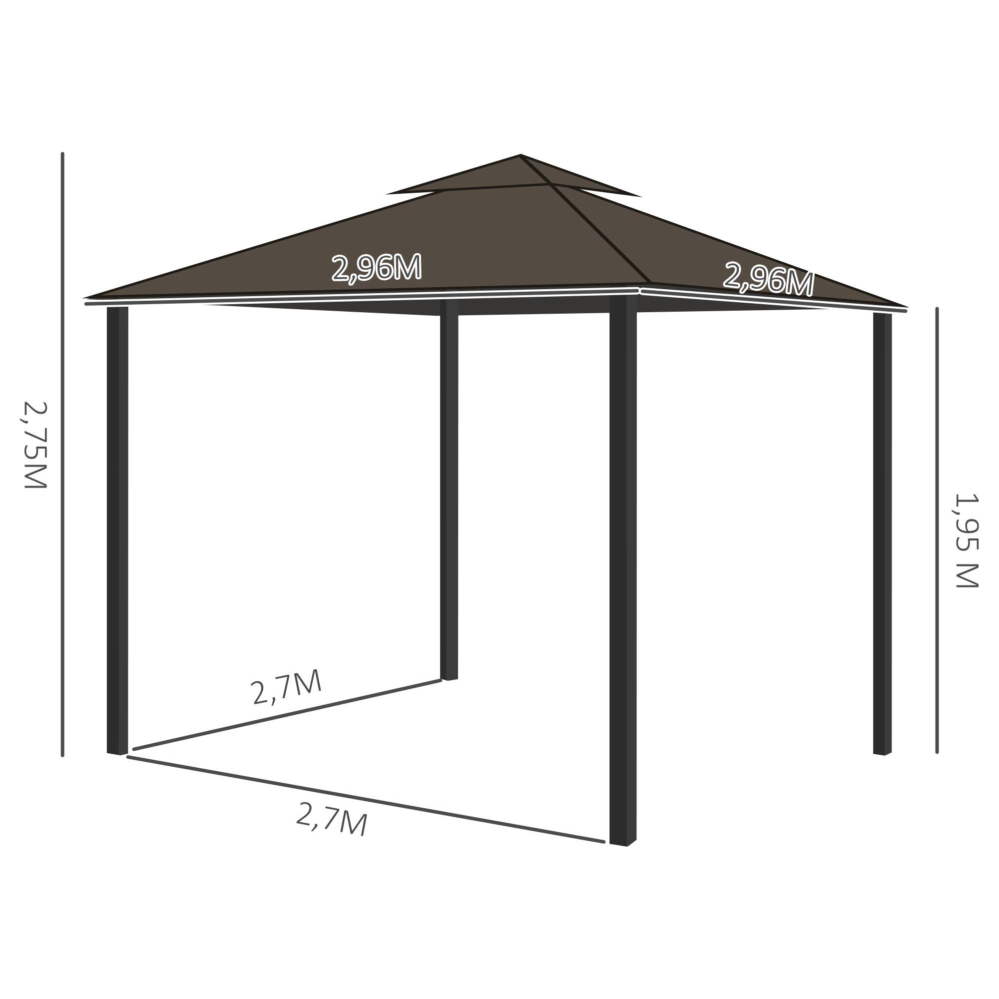 Cenador de Jardín 3x3 m con Doble Techo de Ventilación 4 Cortinas 4 Mosquiteras