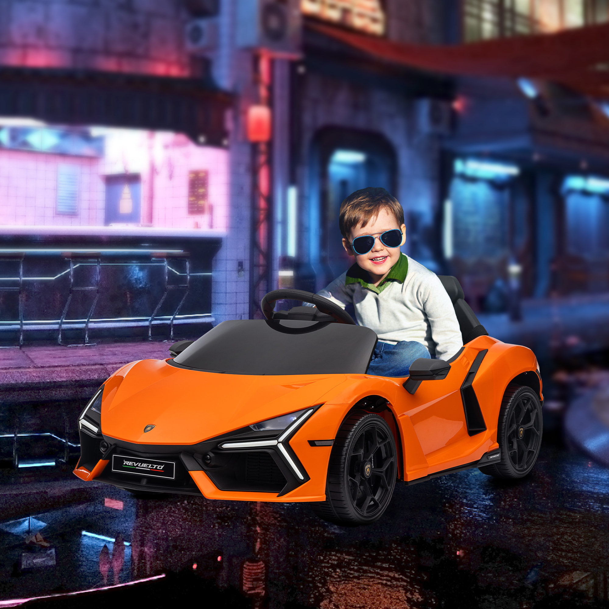 Coche Eléctrico para Niños de +3 Años Lamborghini Revuelto Carro Eléctrico Infantil con Batería 12V Mando a Distancia Faros LED Bocina Música y Ruedas Auxiliares Naranja