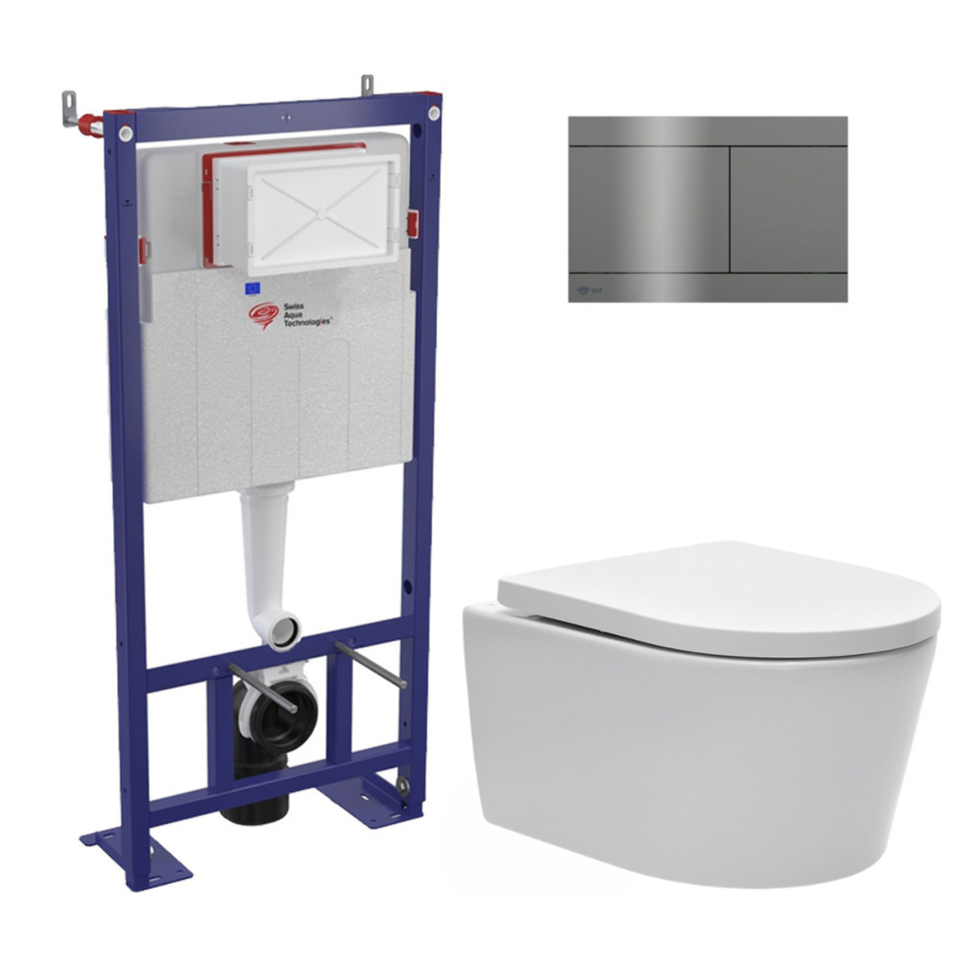 Pack WC bâti-autoportant + WC SAT sans bride + Abattant softclose + plaque en acier inoxydable, revêtement PVD, Gun Metal
