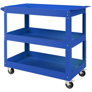 Chariot desserte d'atelier acier 3 plateaux sur roulettes avec poignée - charge max. 150 kg - 83 x 35,3 x 76 cm bleu