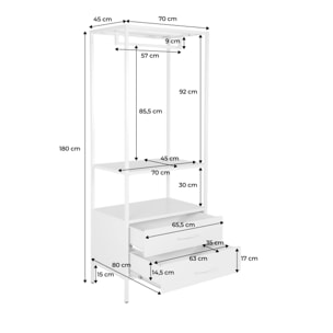 Meuble d'entrée. porte manteau métal crème avec penderie et 2 tiroirs. L 70 x P 45 x H 180cm - Idaho