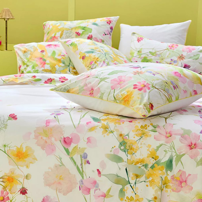 Taie d'oreiller percale de coton lavé 115 g/m² imprimé rose vert Souffle fleuri printemps