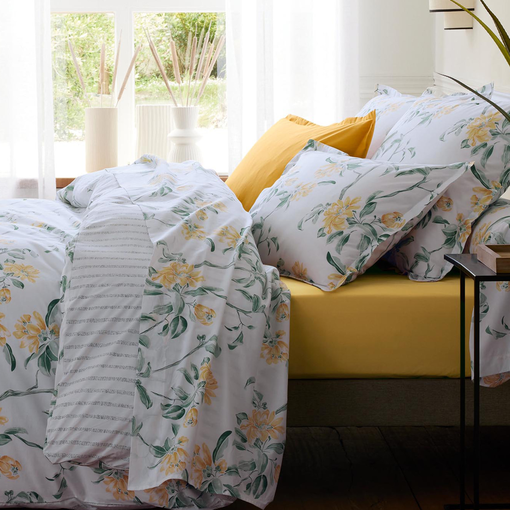 Drap plat percale de coton floral - Vert