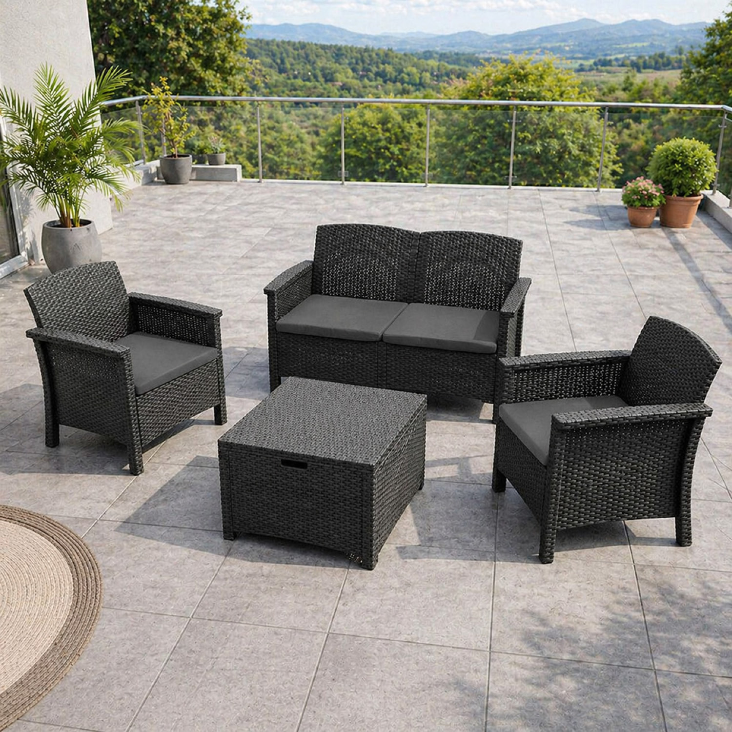Salon de jardin 4 places effet résine tressée gris anthracite avec table basse MENIA