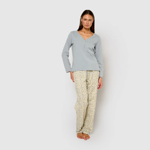 Pijama largo de algodón con escote pico domana azul agua