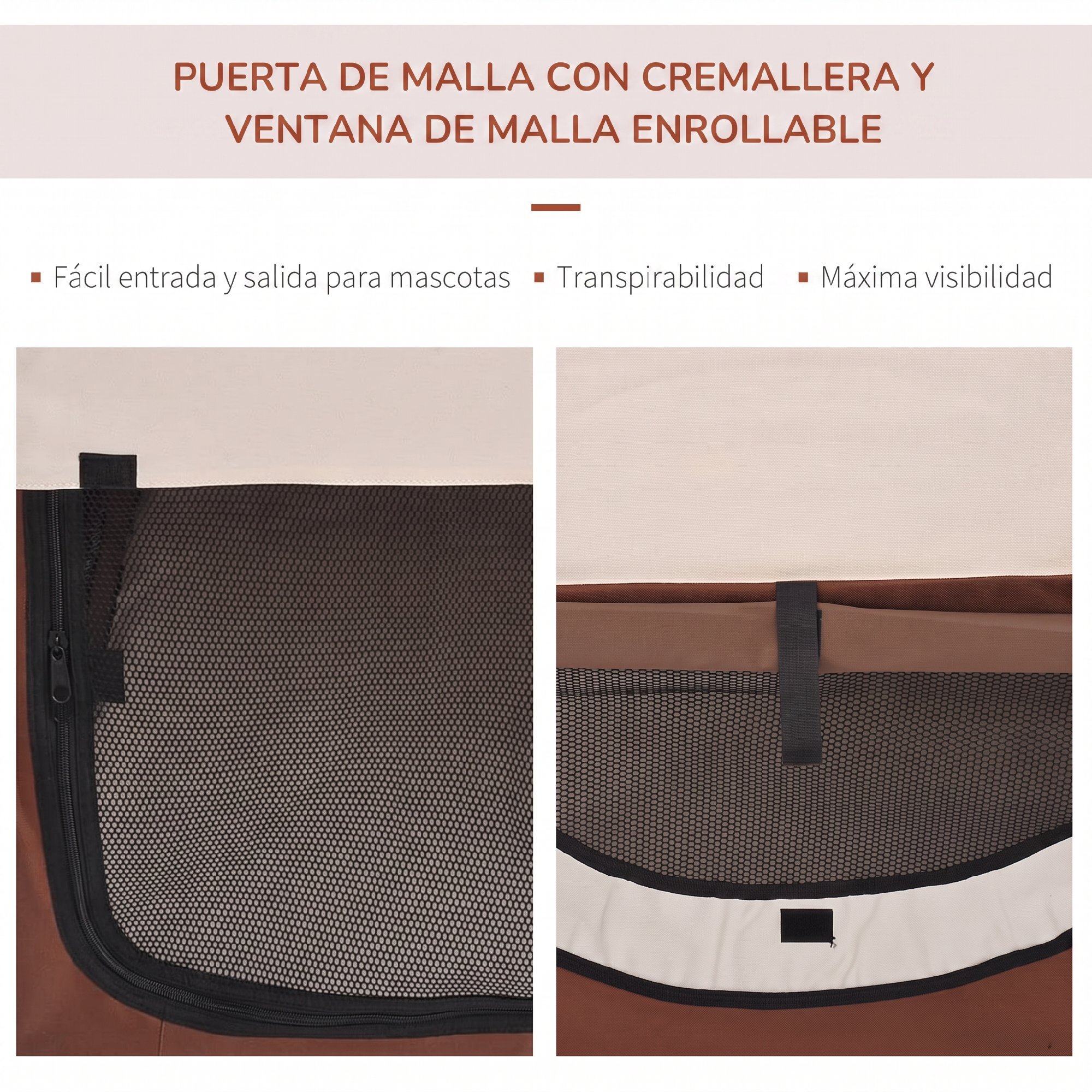 Transportín para Perros y Gatos Plegable, 46x36x41 cm, Transportín para Mascotas con Cojín Lavable, Ventanas de Malla, Estacas, para Perros Miniaturas, Marrón
