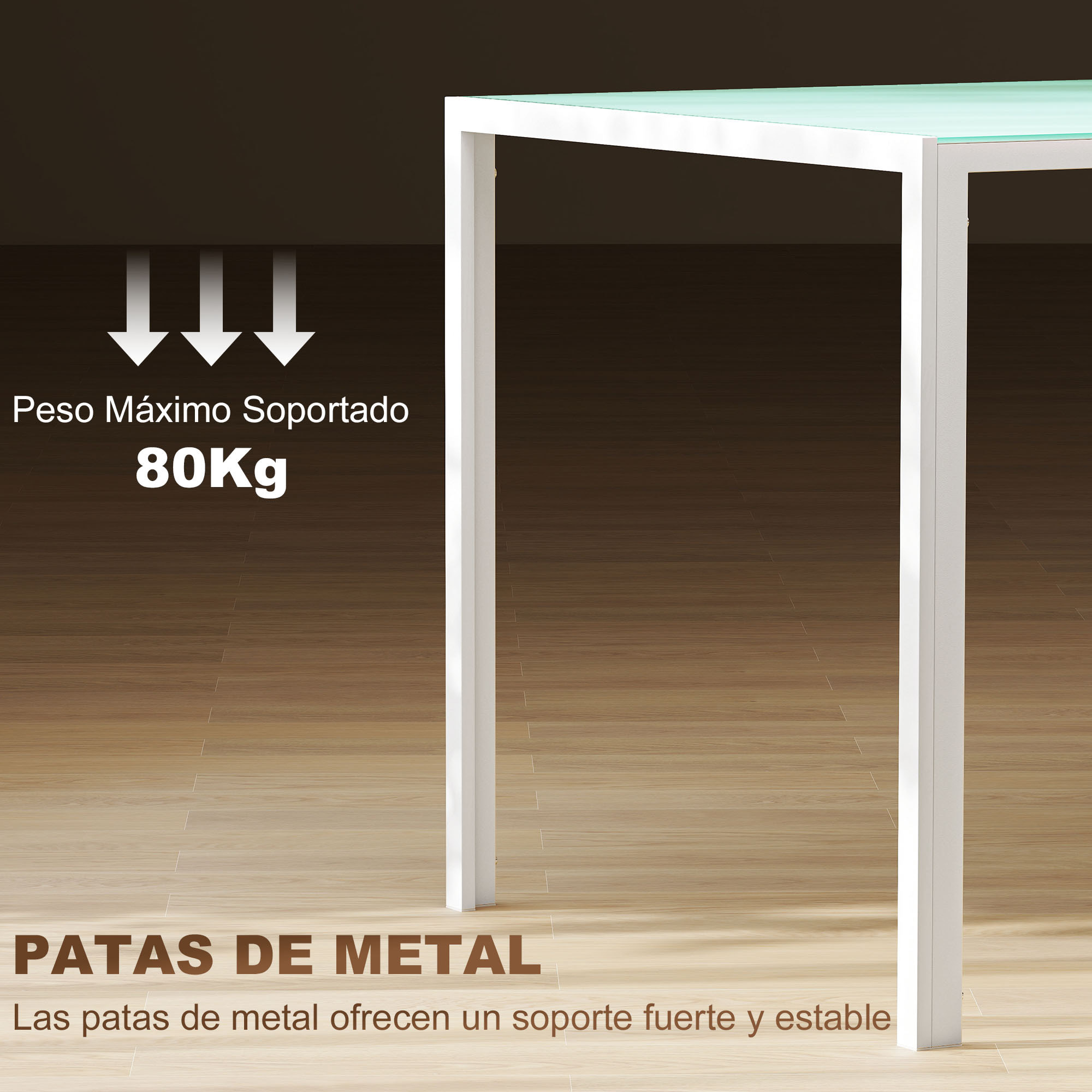 Mesa de Comedor de Cristal, Mesa Rectangular para 6 Personas con Patas de Metal, para Cocina, Salón, 140x80x75 cm, Blanco