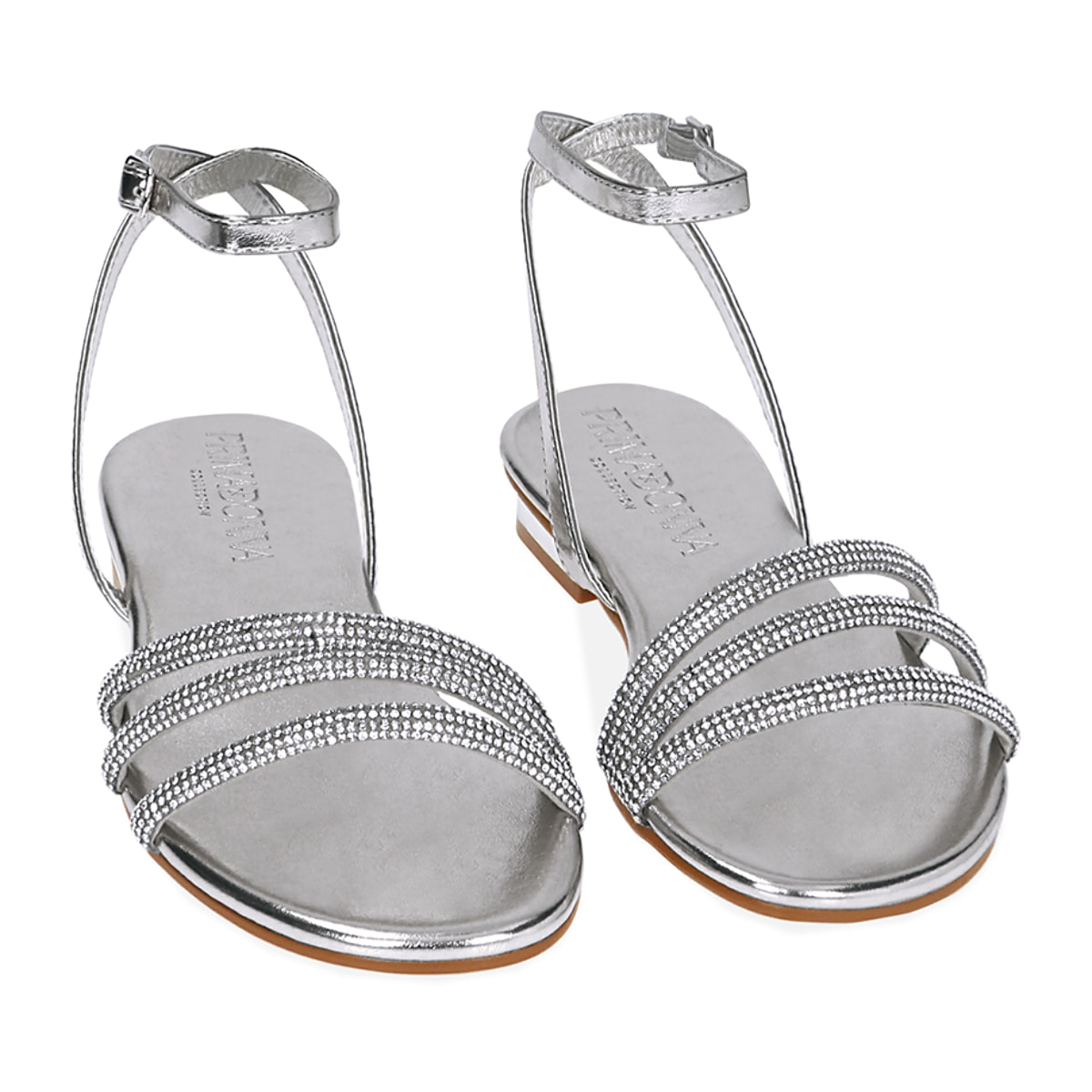 Sandalias bajas plateadas en laminado con piedras
