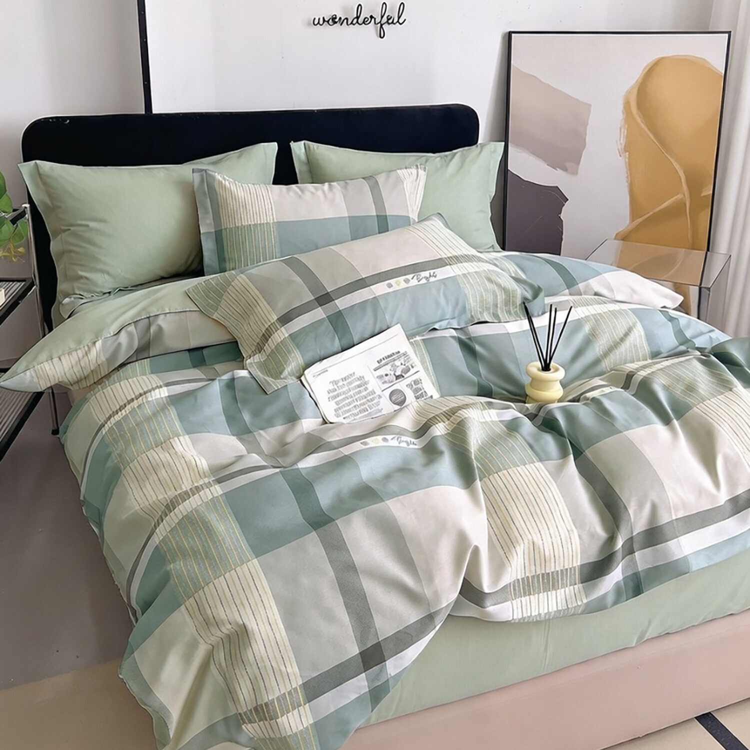 Parure housse de couette 240x220 cm 100% percale de coton - Althé imprimé carreaux vert