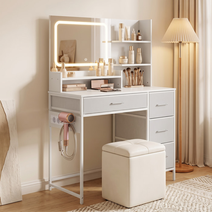 Tocador de Maquillaje con Espejo LED, Tocador con Estación de Carga, 3 Colores de Luz, 4 Cajones, 5 Estantes Abiertos, Soporte para Secador y Estructura Metálica, para Dormitorio, Blanco