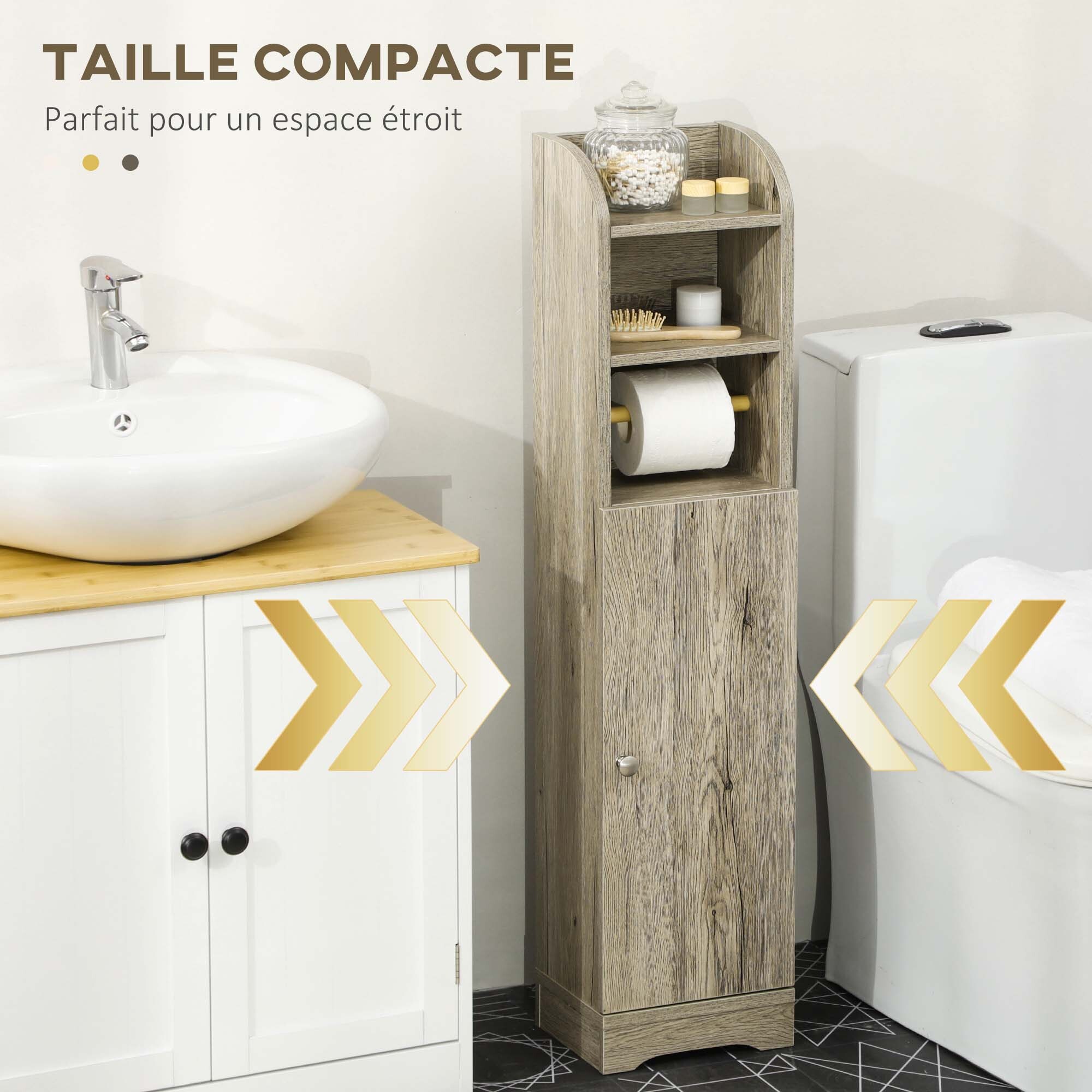 Meuble WC armoire toilette - porte, 2 étagères, niche, support papier - dim. 23L x 18l x 100H cm - gris