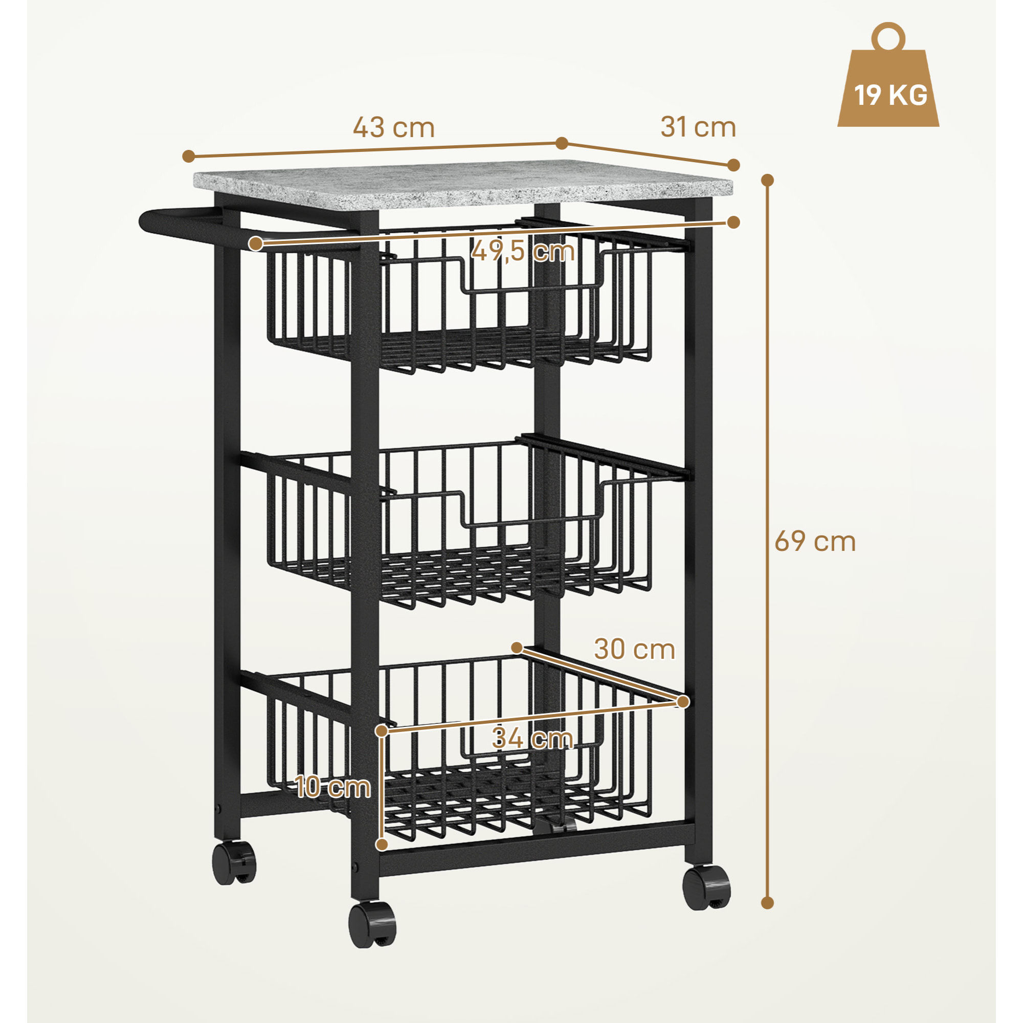 Carrito de Cocina Carrito Verdulero para Cocina con 3 Cestas Deslizables y Marco de Acero Carrito Auxiliar con Ruedas para Comedor 49,5x31x69 cm Gris Claro