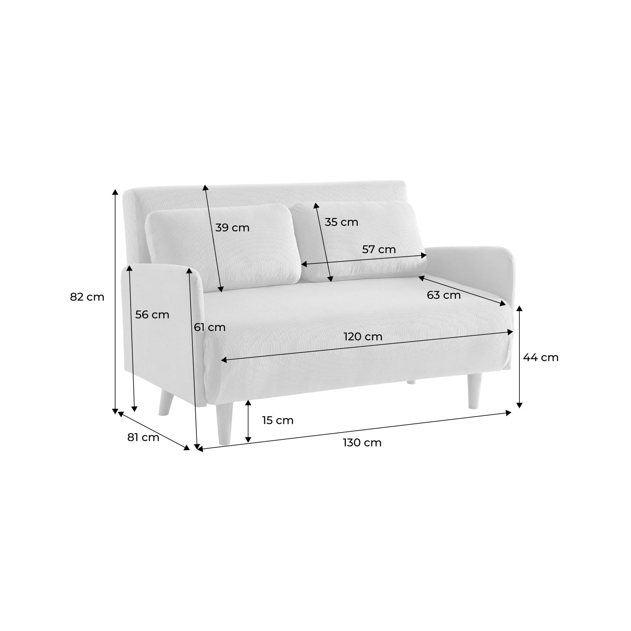 Canapé convertible 2 places scandinave velours côtelé beige - Panam - pieds bois. banquette. dossier inclinable