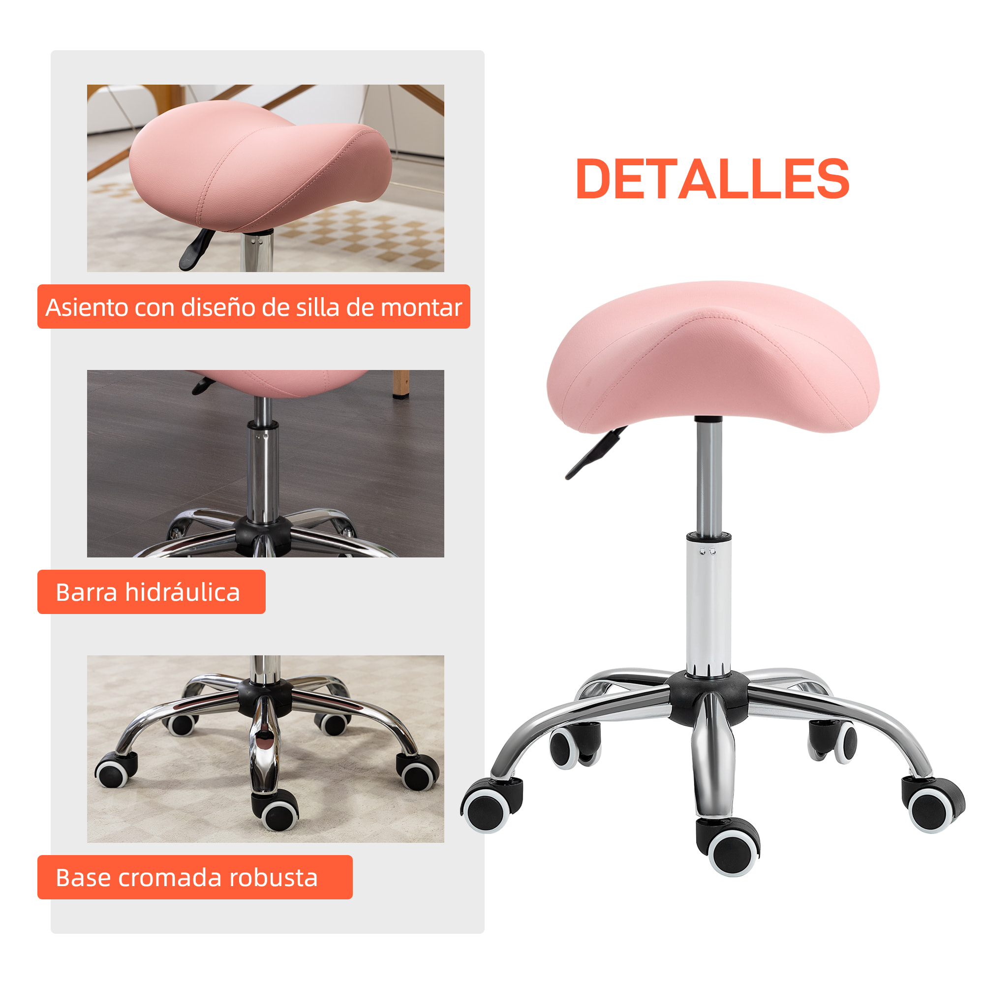 Taburete con Ruedas Taburete Giratorio Cosmético con Altura Ajustable Asiento Acolchado y Amplio Dentista Peluquería Carga 120 kg 52x53x49-61 cm Rosa