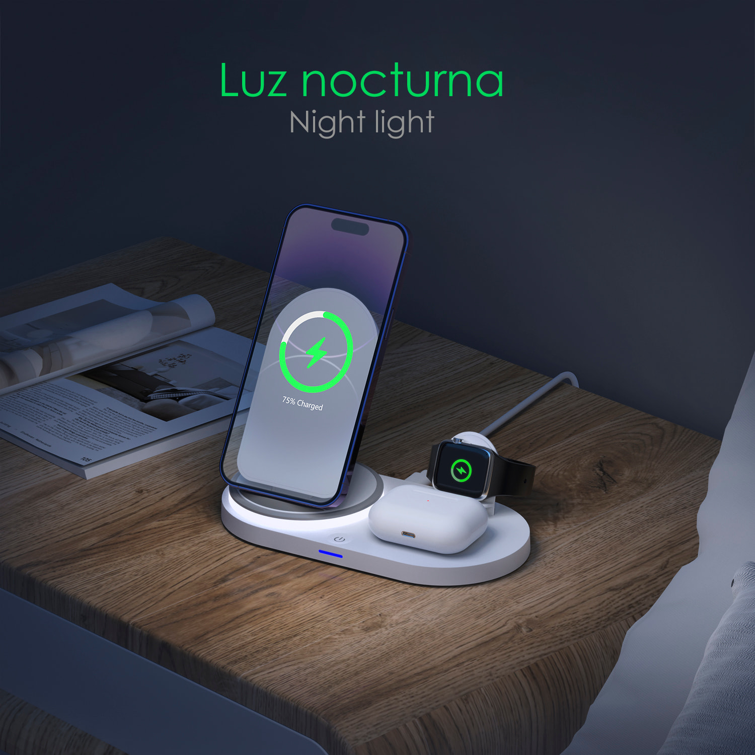 Base de carga inalámbrica plegable 3 en 1. Base Qi 15W doble posición, cargador de Apple Watch y base Qi. Con luz de noche. Función stand.