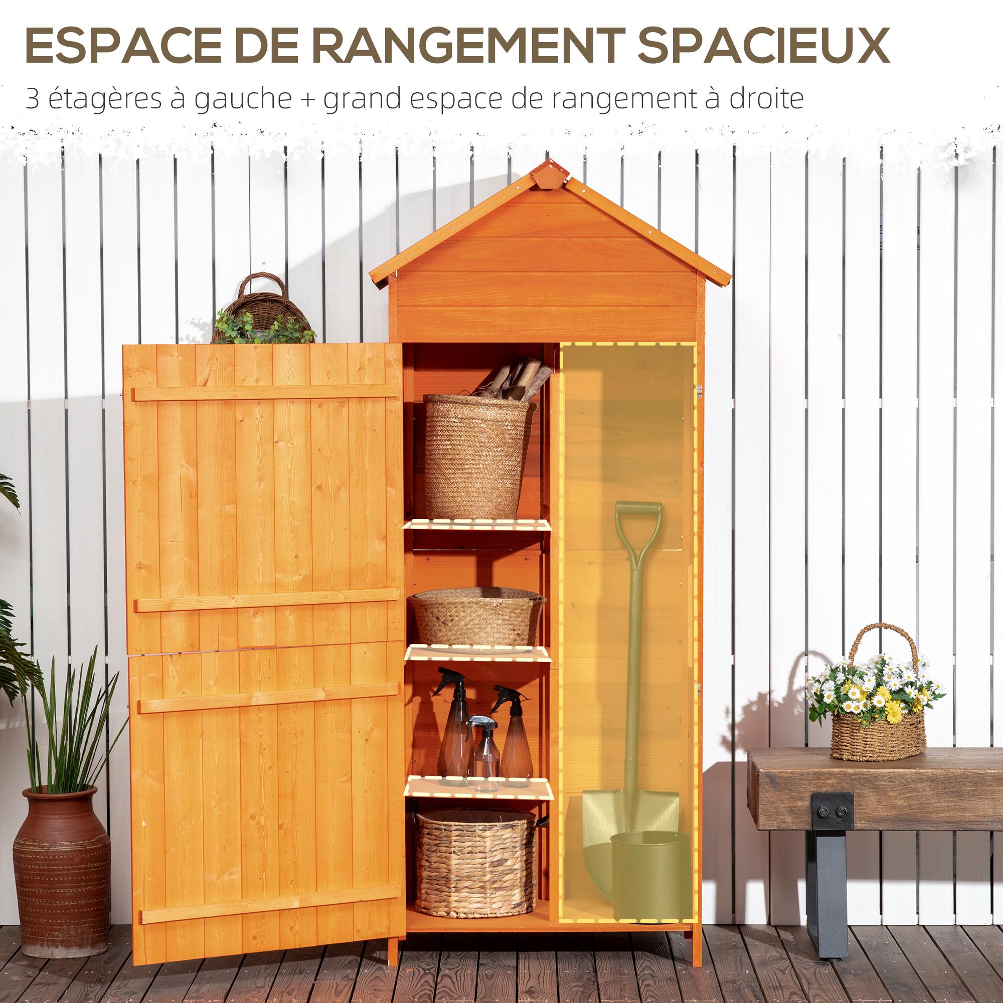 Armoire abri de jardin remise pour outils 3 étagères 2 portes loquets toit pente bitumé 84L x 52l x 188H cm pin pré-huilé