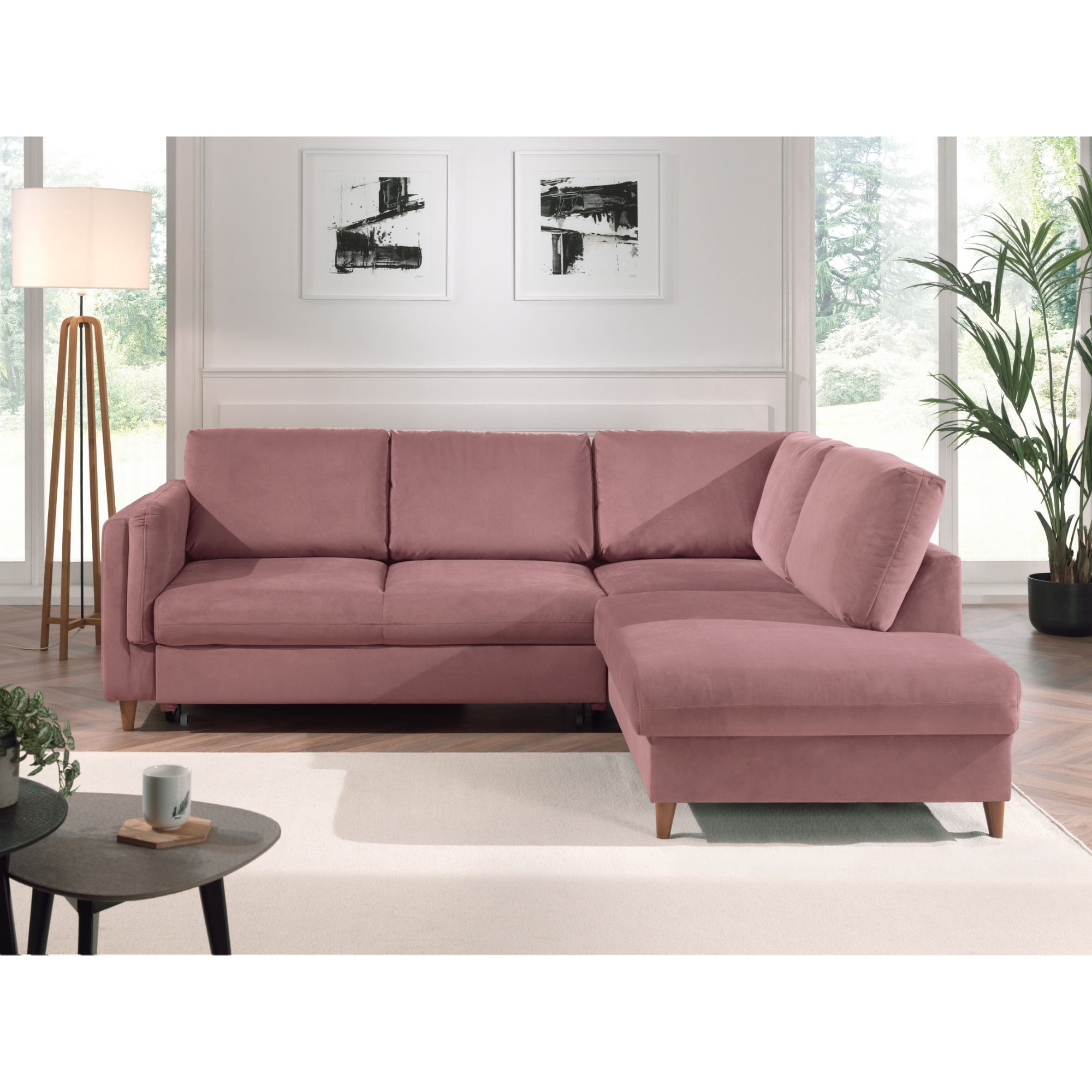 Brooke - canapé d'angle droit - convertible - 5 places - en velours - Rose