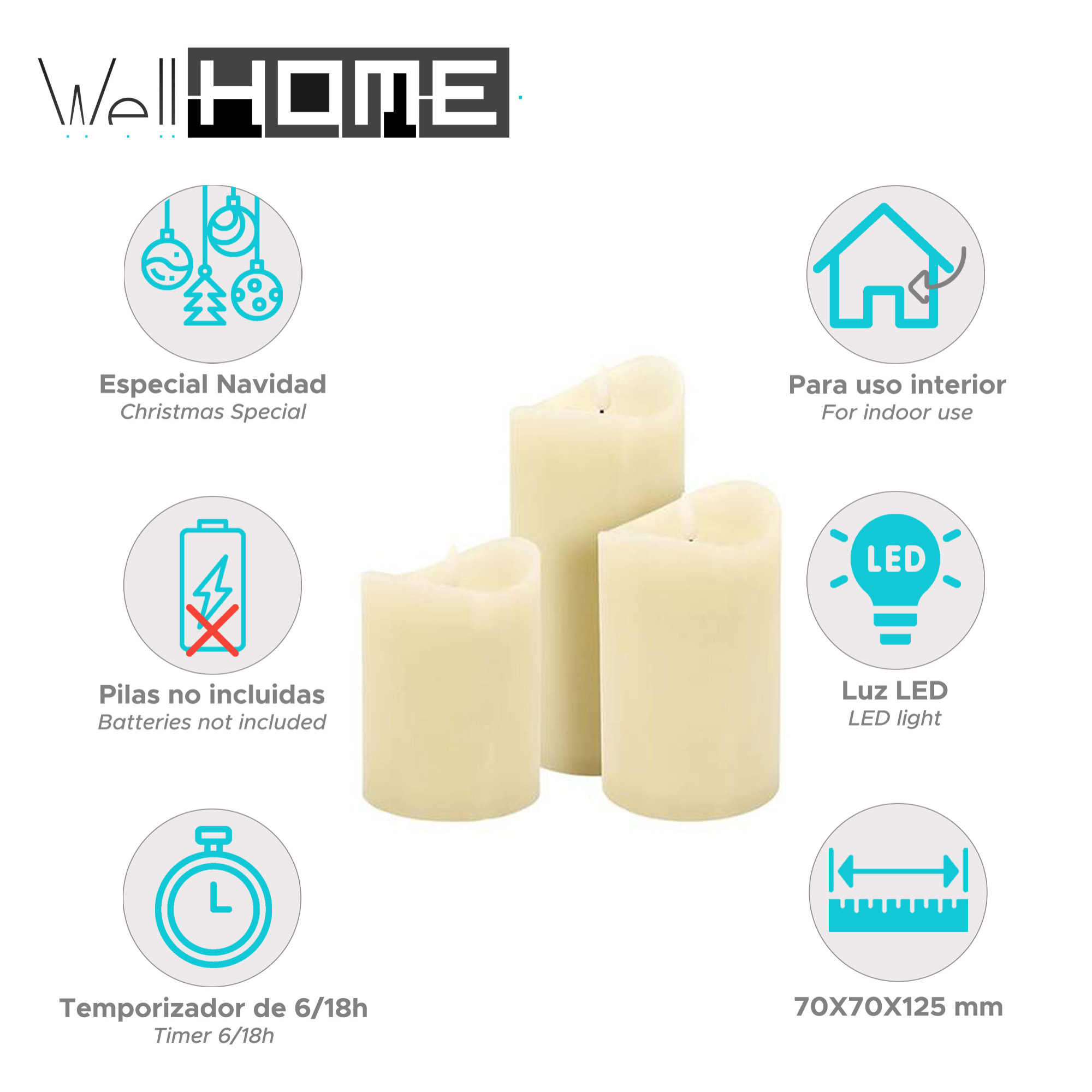 juego de 3 velas led con efecto gelatina en color marfil y tamaños variados