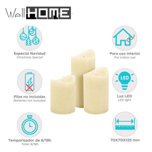 juego de 3 velas led con efecto gelatina en color marfil y tamaños variados