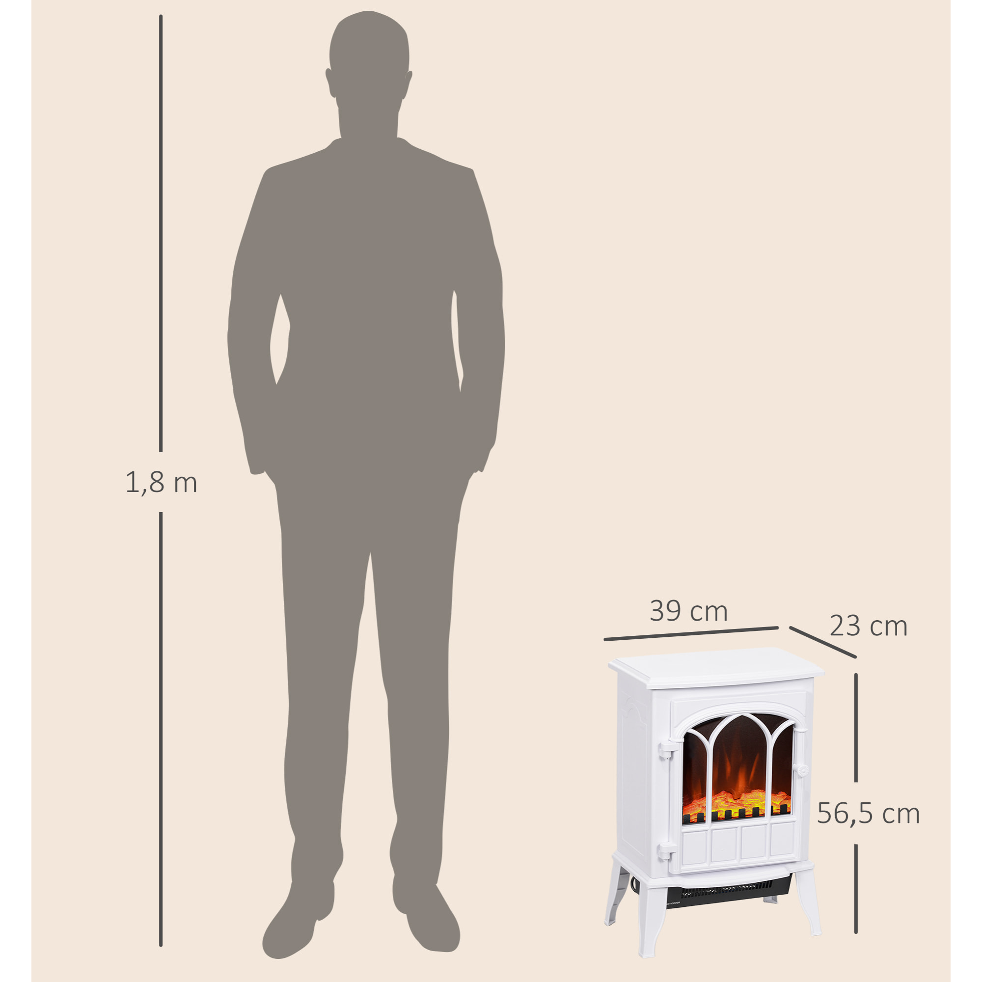 Cheminée électrique poêle style rétro 1000-2000 W simulation flammes LED porte blanc