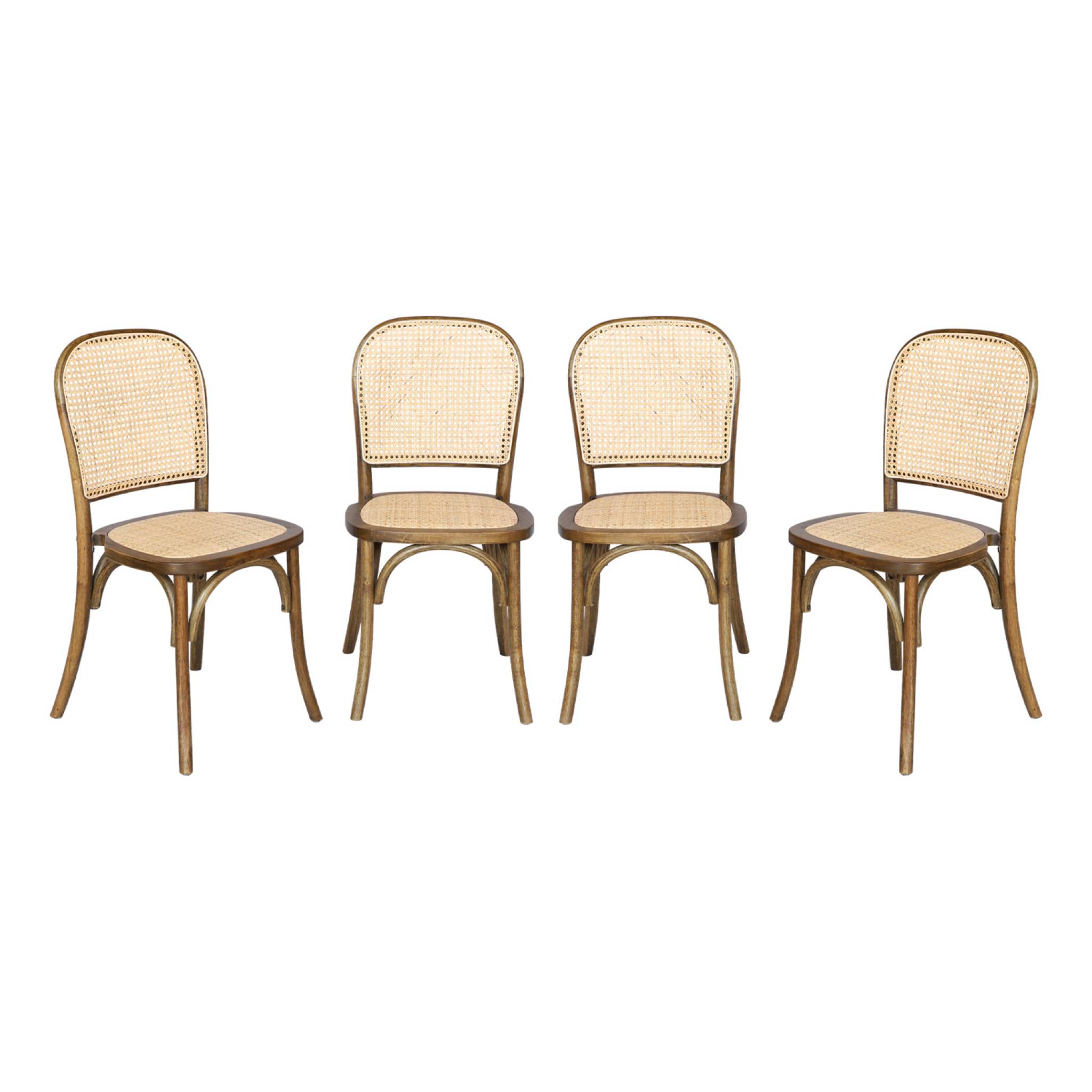 Lot de 4 chaises vintage en bois avec assise et dossier en rotin. coloris marron vieilli. L 44.5 x P 48 x H 89.5cm