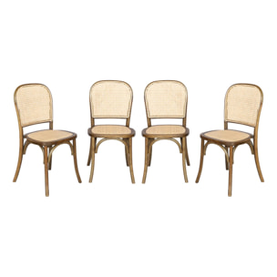 Lot de 4 chaises vintage en bois avec assise et dossier en rotin. coloris marron vieilli. L 44.5 x P 48 x H 89.5cm