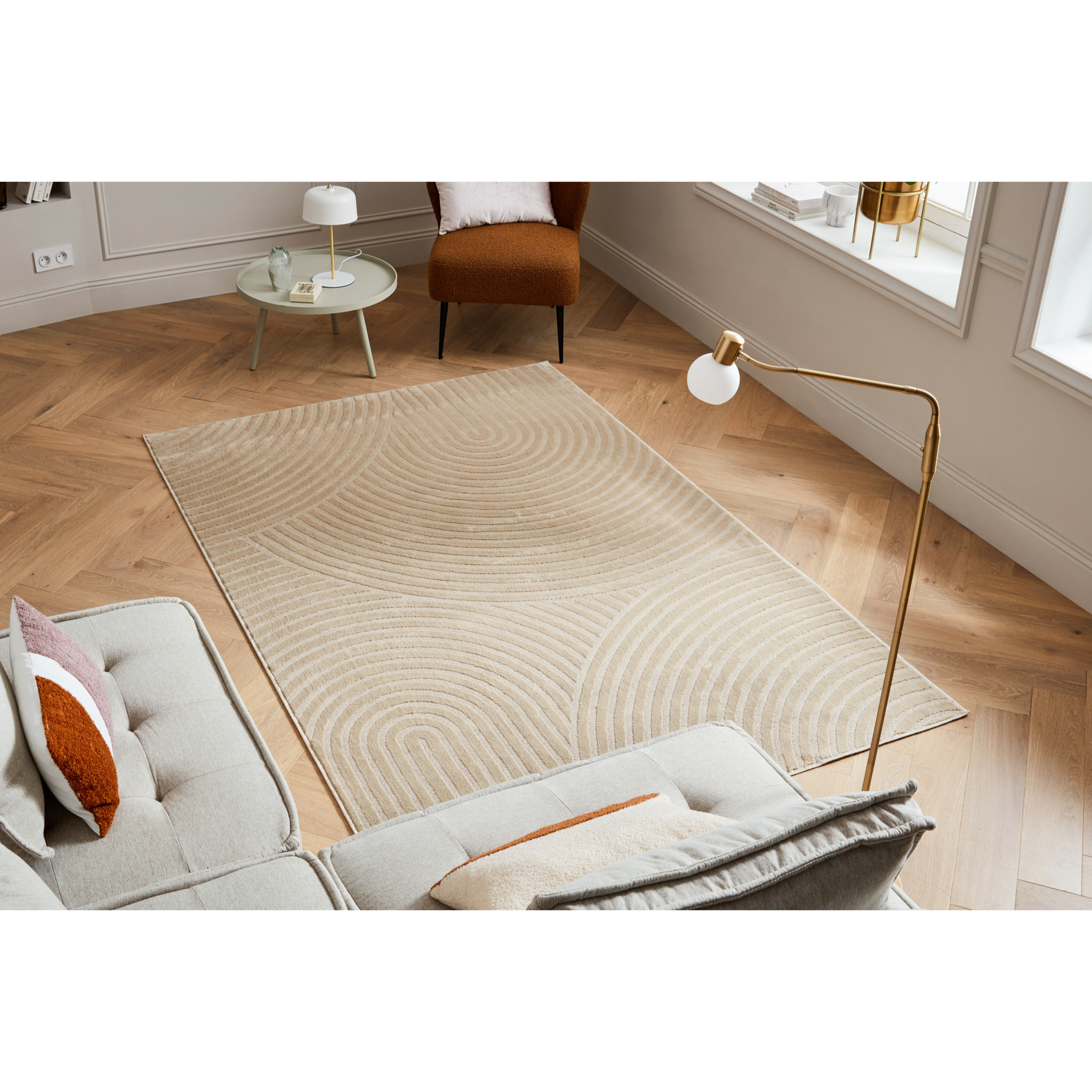 BLOOM - Tapis moderne poils ras motif arc en ciel en relief - Beige