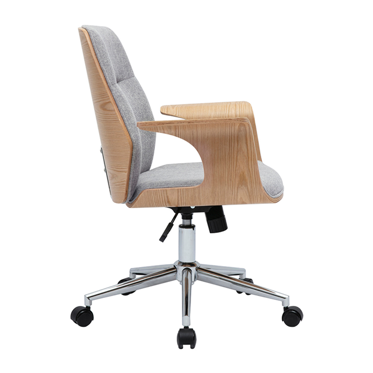 Chaise de bureau à roulettes design en tissu effet velours texturé gris, bois clair et acier chromé RUFIN