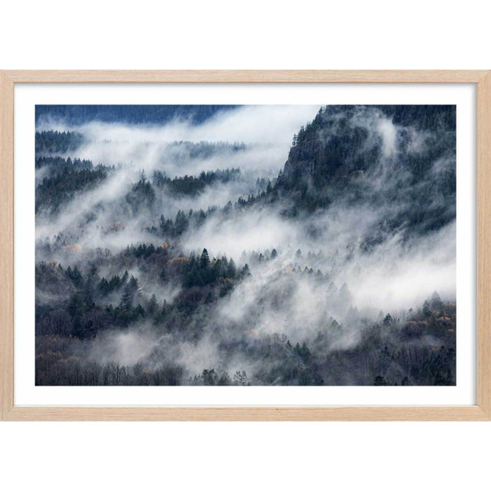 Poster vallée dans le brouillard Affiche + cadre en bois - Chêne