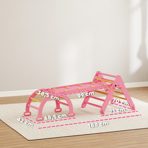 7 en 1 Triángulo de Escalada Montessori con Arco y Rampa, Escalada para Niños de Madera Plegable, para 18-48 Meses, para Deslizarse o Escalar, 188x70 cm, Rosa