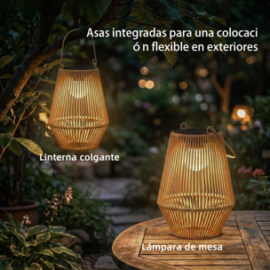 Set de 2 Farolillos Solares Exterior, Linternas de Jardín de Ratán Colgantes con Encendido y Apagado Automático, IP44, Asa, Lámparas para Terraza, Balcón, Patio, 16x16x21 cm, Marrón