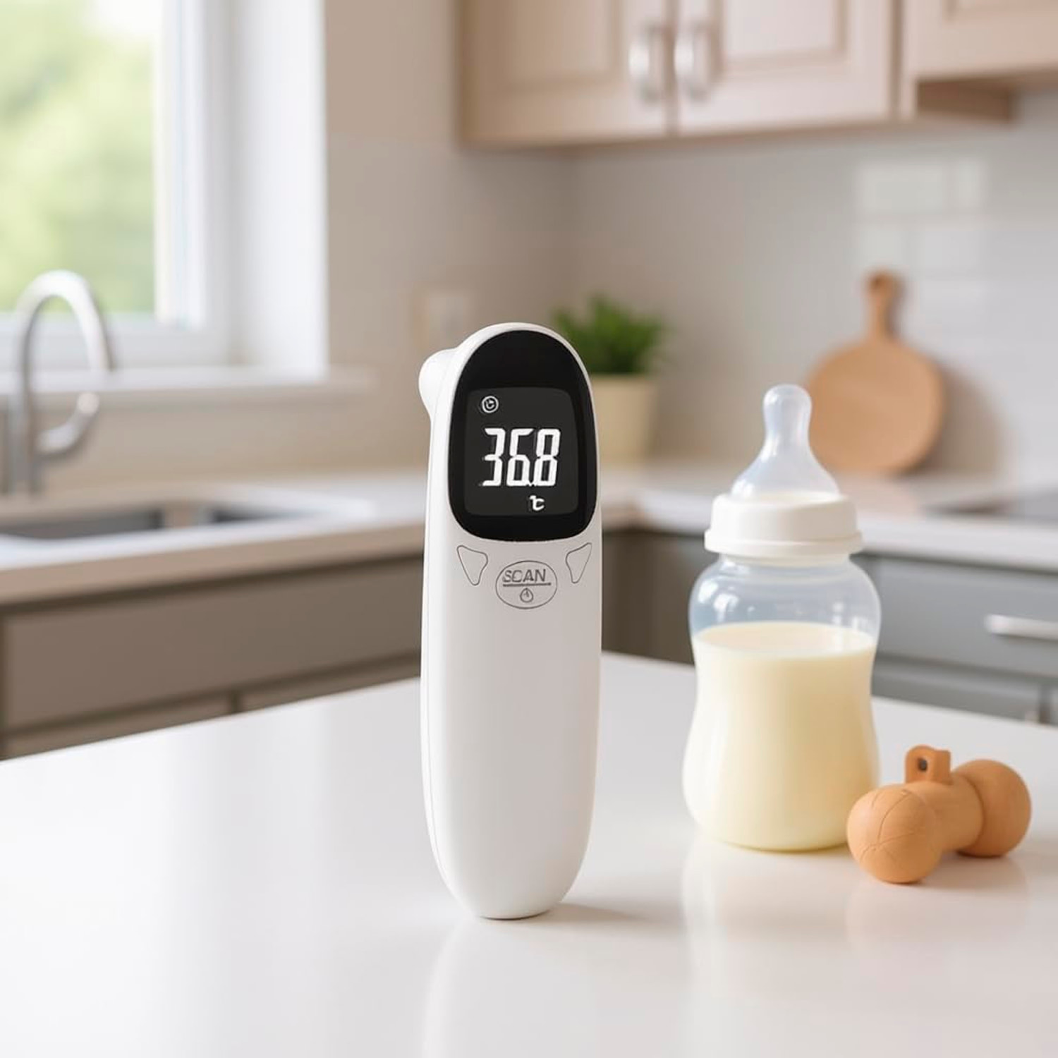 Termometro a infrarossi senza contatto. Modalità temperatura corporea e di oggetti. Avviso sonoro per temperature ≥38°C.