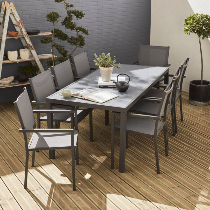 Salon de jardin en aluminium et textilène - Capua 180cm - Anthracite. gris - 8 places - 1 grande table rectangulaire. 8 fauteuils empilables