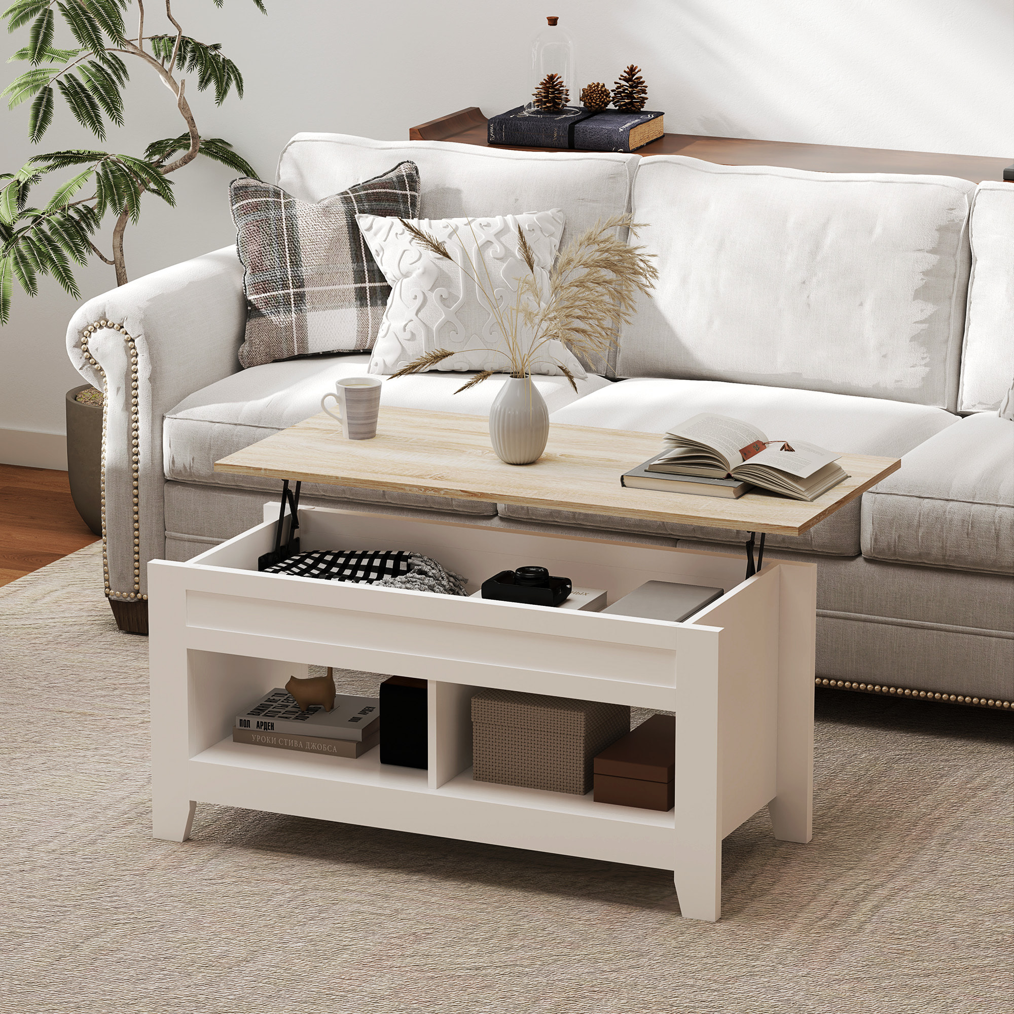 Table basse rectangulaire plateau relevable 2 niches et coffre panneaux particules blanc aspect bois clair