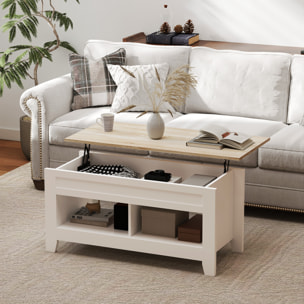 Table basse rectangulaire plateau relevable 2 niches et coffre panneaux particules blanc aspect bois clair