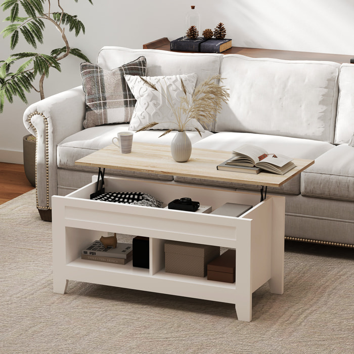 Table basse rectangulaire plateau relevable 2 niches et coffre panneaux particules blanc aspect bois clair